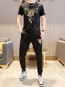 男士夏季新款韩版烫钻圆领卫衣束脚裤两件套时尚休闲刺绣潮流套装