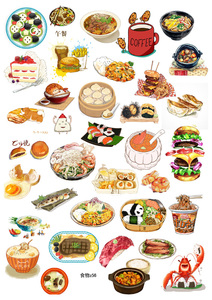 水彩彩铅手绘美食物素材中餐西餐日式韩式料理手帐账贴纸打印哑面