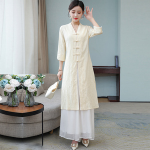 中国风唐装V领连衣裙中长款中式复古禅意茶道茶艺师服装女两件套