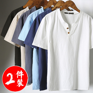 2件夏季亚麻短袖T恤套装男士纯色V领中国风上衣棉麻汉服休闲半袖