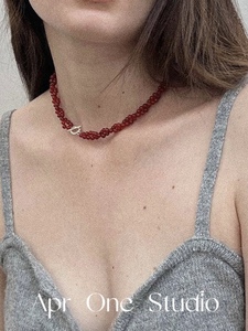 自制红黑玛瑙石双层缠绕项链s925银扣小众时髦精致复古锁骨链