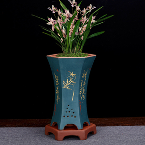 紫砂兰花盆精品陶瓷刻绘六方君子兰建春兰专用桌面花卉蝴蝶兰包邮