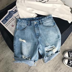 破洞毛边牛仔短裤男夏季vintage直筒水洗薄款五分裤ins外穿大裤衩