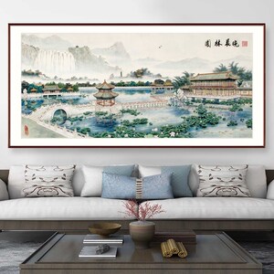 园林晨晓图十字绣2023新款线绣客厅大幅新中式山水画名画手工刺绣