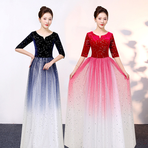 女士合唱服长裙纱裙 新款金丝绒合唱服 舞台红歌比赛演出服装成人