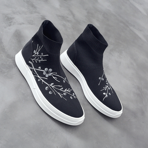 中国风唐装印花复古中式黑色高帮男鞋子春夏季套脚潮流官靴袜子鞋