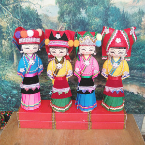 中国风特色少数民族娃娃手工木偶布卡通木质工艺品摆件玩具高娃娃