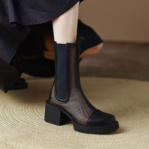 真皮凉靴女2022夏时尚厚底短筒网靴女百搭粗跟6cm高跟洞洞镂空靴