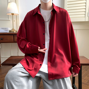 红色冰丝长袖衬衫男士2024春夏新款潮流宽松休闲薄款防晒衬衣外套