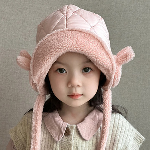 儿童可爱双兔子套头帽女宝宝冬季加厚保暖护耳毛绒户外时尚帽子