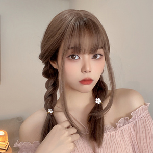 辫子假发少女日常齐刘海长直发双麻花辫子造型全头套式双马尾发套