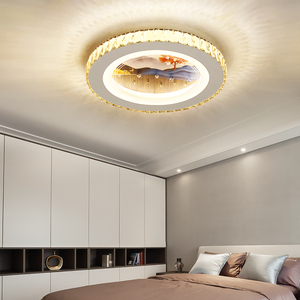 水晶卧室灯现代简约家用led创意晶瓷山水画北欧圆形书房间吸顶灯