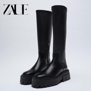 2023新款ZR ZAUE秋冬女靴厚底高筒骑士女靴弹力不过膝长筒皮靴