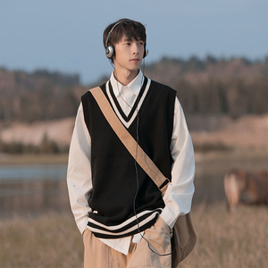 v领毛衣马甲男冬季日系复古休闲学院风潮牌加厚宽松针织马夹背心