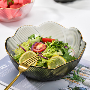 北欧ins风创意花语透明玻璃碗家用网红餐具套装水果沙拉盘金边碗