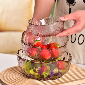 日式金边彩色玻璃碗沙拉碗家用客厅高颜值瓜子水果碗盘冰粉甜品碗