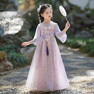 高端女童汉服中国风夏装薄款儿童2023年新款古装齐胸紫色襦裙唐装