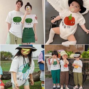 现货韩国水果亲子装男童女童短袖2024夏季新款户外活动全家装爬服