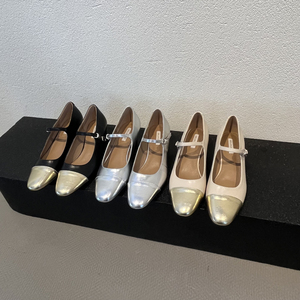 法式中跟金色方头单鞋仙女鞋子2024年新款春季小香风银色玛丽珍鞋
