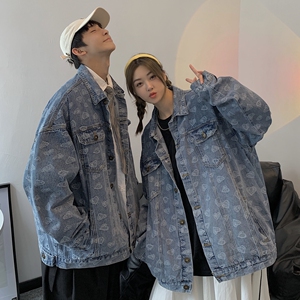 情侣装牛仔外套男秋季韩版潮流爱心夹克春秋ins港风宽松高街衣服