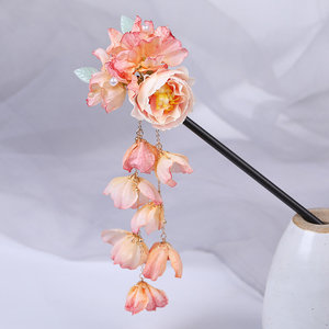 超仙花朵发簪古风簪子 步摇流苏木簪绢花发饰 汉服头饰古装配饰女