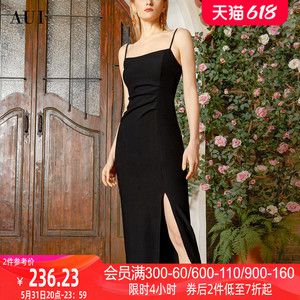 aui法式黑色修身吊带连衣裙女2024春秋新款高级感高腰显瘦包臀裙