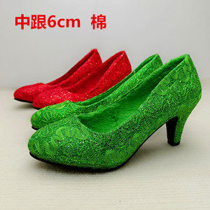 冬季新娘鞋绿色结婚红鞋大红色低跟伴娘绸缎加绒绿鞋出嫁孕妇女鞋