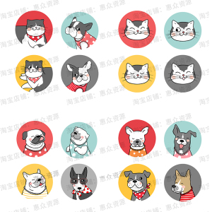 卡通可爱宠物猫咪狗狗头像logo图案抱枕贴纸手机壳ui设计矢量素材