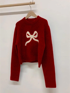 韩国东大门秋冬新款设计感小众蝴蝶结图案针织短款红色毛衣女外穿
