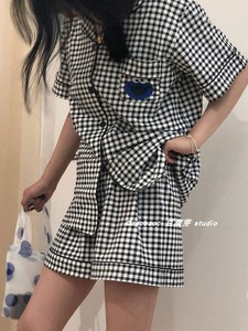 韩国ins格子睡衣女夏日系芝麻街甜美简约短袖短裤薄款家居服套装