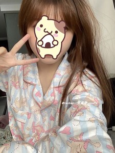 韩国ins卡通爱心猫咪睡衣女日系甜美少女长袖开衫宽松家居服套装
