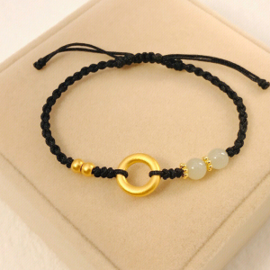 999足金平安扣手链黄金素圈玉珠编织手绳纯金转运珠送女朋友礼物