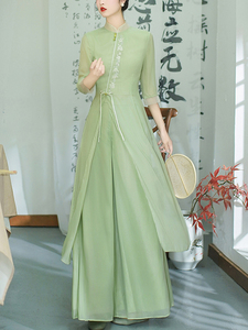 唐装女装中国风汉服改良奥黛旗袍两件套新中式禅意茶服茶艺师服装