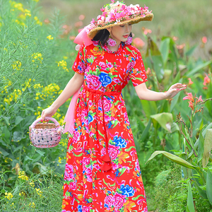 民族风夏季连衣裙女短袖长款抽绳收腰印花大摆裙遮肚东北大花裙子