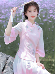 中国风女装夏季唐装古装套装仙气茶服民国风复古汉服改良旗袍上衣