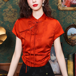 改良旗袍短袖上衣女夏季缎面新中式衬衣国风盘扣小衫红色真丝衬衫