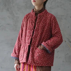 小碎花棉袄女冬季短款农村复古盘扣棉衣亚麻夹棉外套民国风棉服