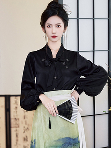 搭配马面裙的上衣长袖黑色新中式国风衬衣女冬季改良汉服衬衫日常