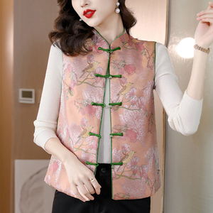 中国风绣花马夹女式唐装秋冬新款中式盘扣坎肩粉色女士棉马甲背心