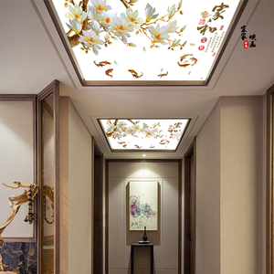 复古中式富贵花开3d艺术玻璃吊顶牡丹花过道玄关吊顶透光玻璃天花