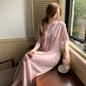 超长款过膝衬衫睡裙女夏季冰丝短袖薄款粉色甜美蕾丝孕妇开衫睡衣