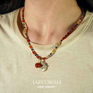 LAZY CIRCLES 红玛瑙艳火小鸟项链 原创设计师串珠复古气质毛衣链