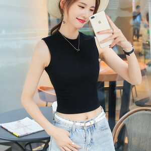 露脐半高领无袖背心女t恤夏纯棉短款露肚脐外穿打底紧身漏脐上衣