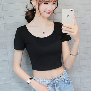 高腰露脐上衣短款t恤女夏短袖韩版漏脐腰紧身漏背性感露肚脐衣服