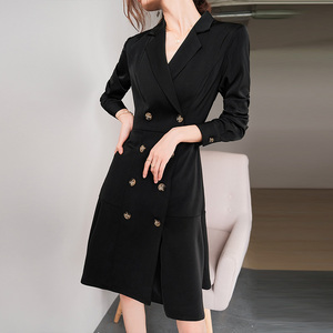 黑色连衣裙女秋冬长袖职场女装气质干练女神范高端工作服职业长裙