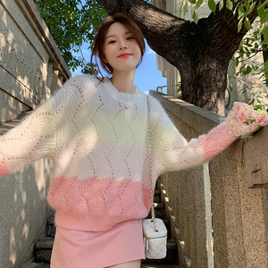甜美温柔风镂空套头彩虹毛衣女秋冬软糯宽松慵懒风圆领针织衫上衣