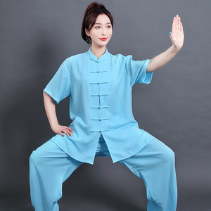 亚麻棉侧兜太极服绣花薄款刺绣短袖女式夏季开衫练功武术演出套装