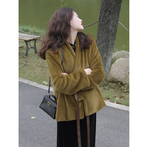 吃绿色菜 昭和大小姐2022新款复古咸菜色仿兔毛环保皮草外套女冬