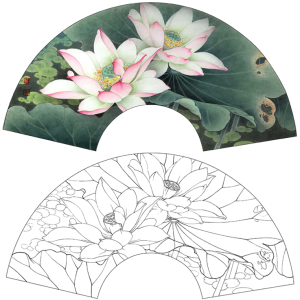 高清工笔画荷花扇面折扇工笔画白描底稿线描稿临摹实物打印稿042