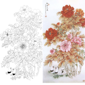 工笔画白描底稿王庆升竖幅牡丹四尺实物打印稿66*132含a3彩图x993